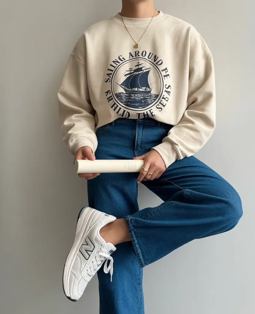 sneakers spring outfits Graphic Sweatshirt Ease with Clean White Sneakers