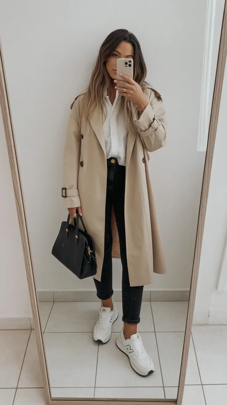 sneakers spring outfits Classic Trench Layering with Elevated Casual Sneakers