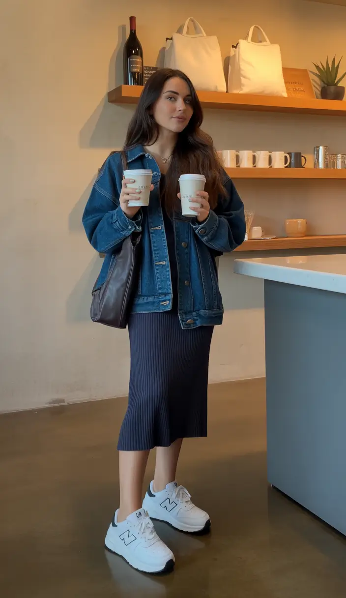 sneakers spring outfits Cozy Denim Layers with a Ribbed Skirt and Chunky White Sneakers