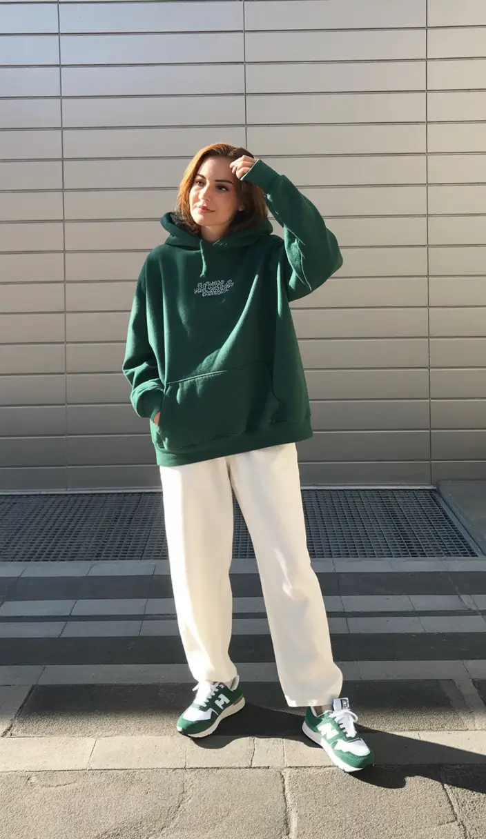 sneakers spring outfits Green Hoodie Comfort with Bright Spring Light