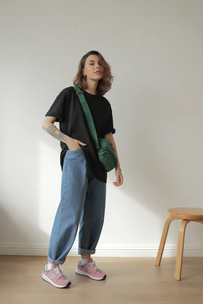 sneakers spring outfits Black Tee Minimalism with Playful Pink Sneakers