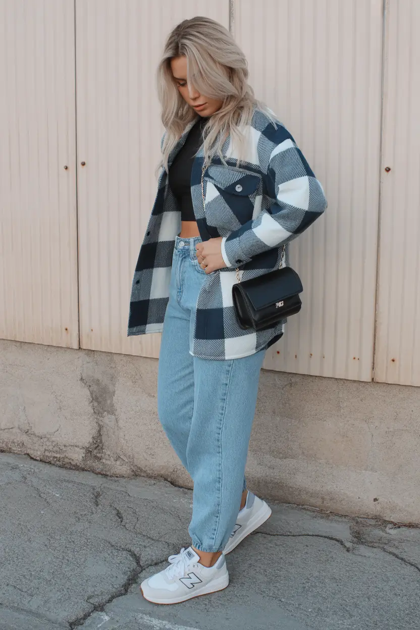 sneakers spring outfits Blue Check Layers with Casual Denim and Neutral Sneakers