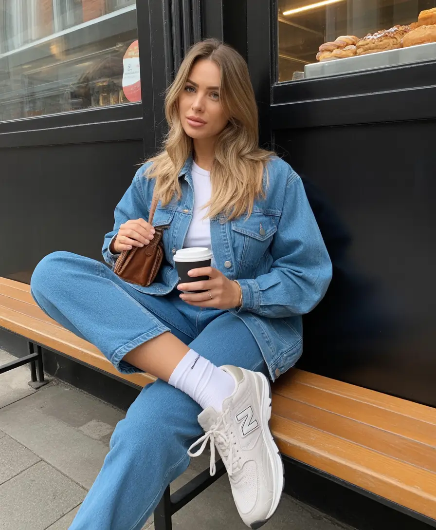 sneakers spring outfits Denim on Denim Ease with Soft White Sneakers