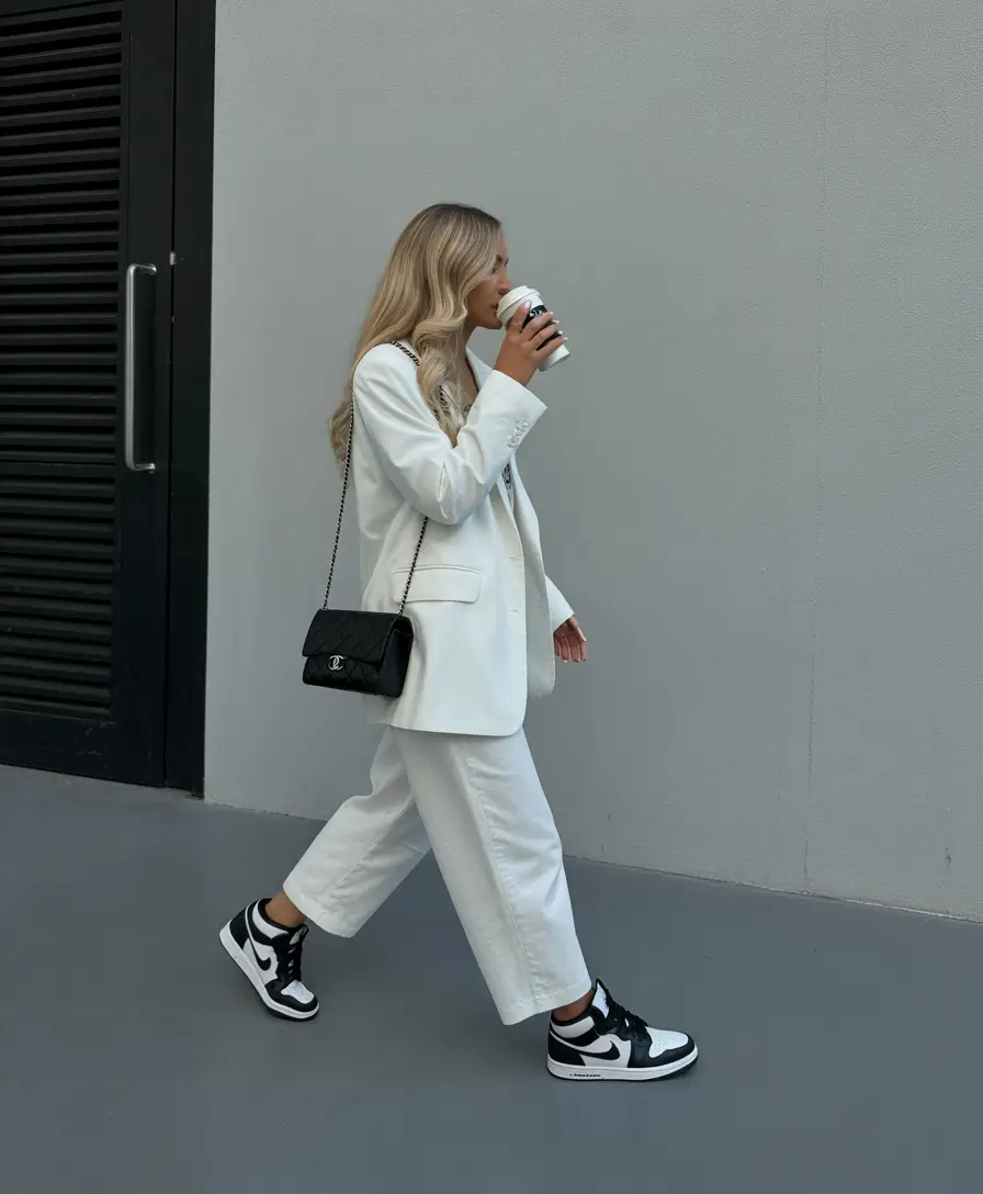 sneakers spring outfits White Suit Freshness with Black and White Sneakers