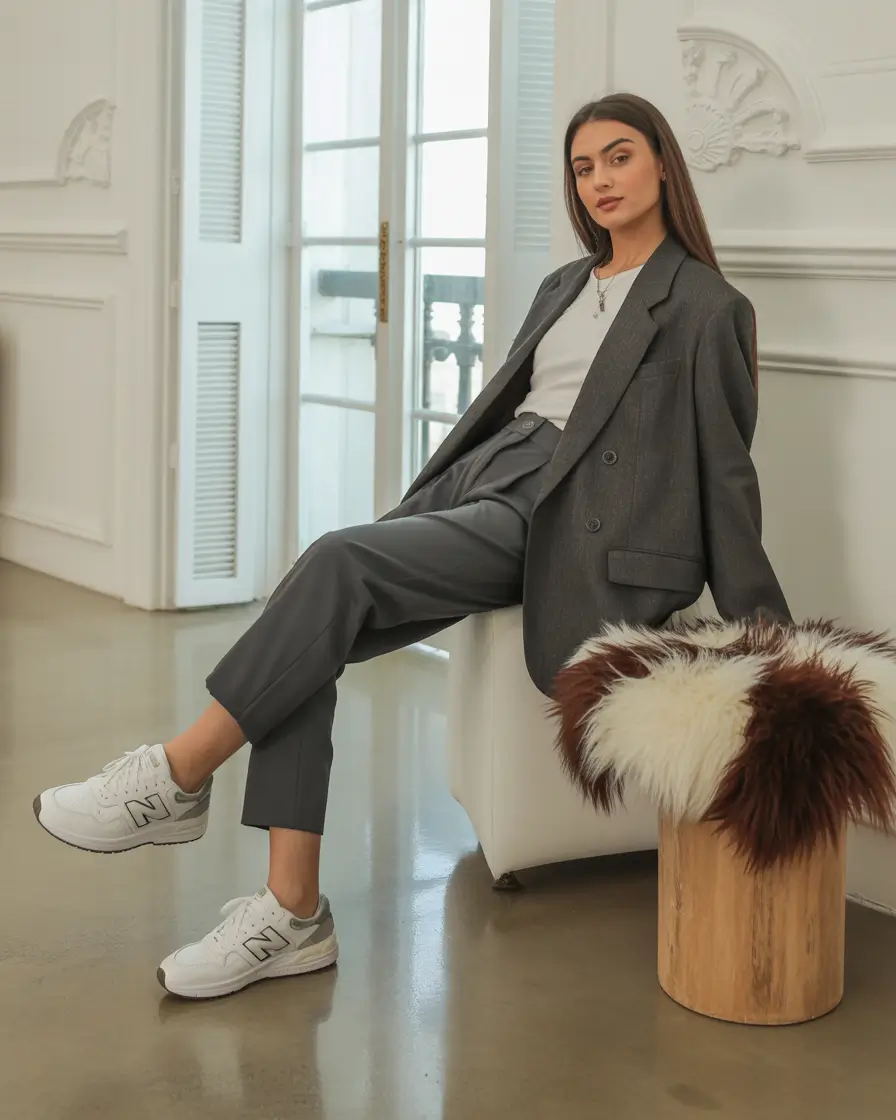 sneakers spring outfits Structured Grey Suiting with Crisp White Sneakers