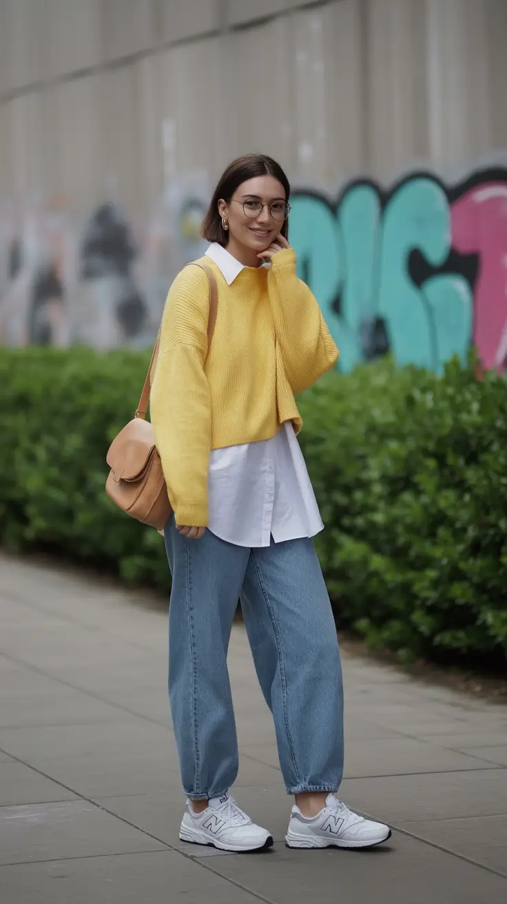 sneakers spring outfits Sunny Layered Energy with Yellow Knit and Relaxed Denim