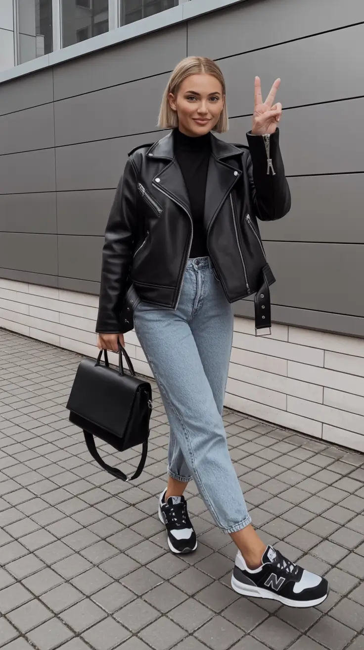 sneakers spring outfits Black Leather Edge Meeting Classic Denim and Monochrome Sneakers