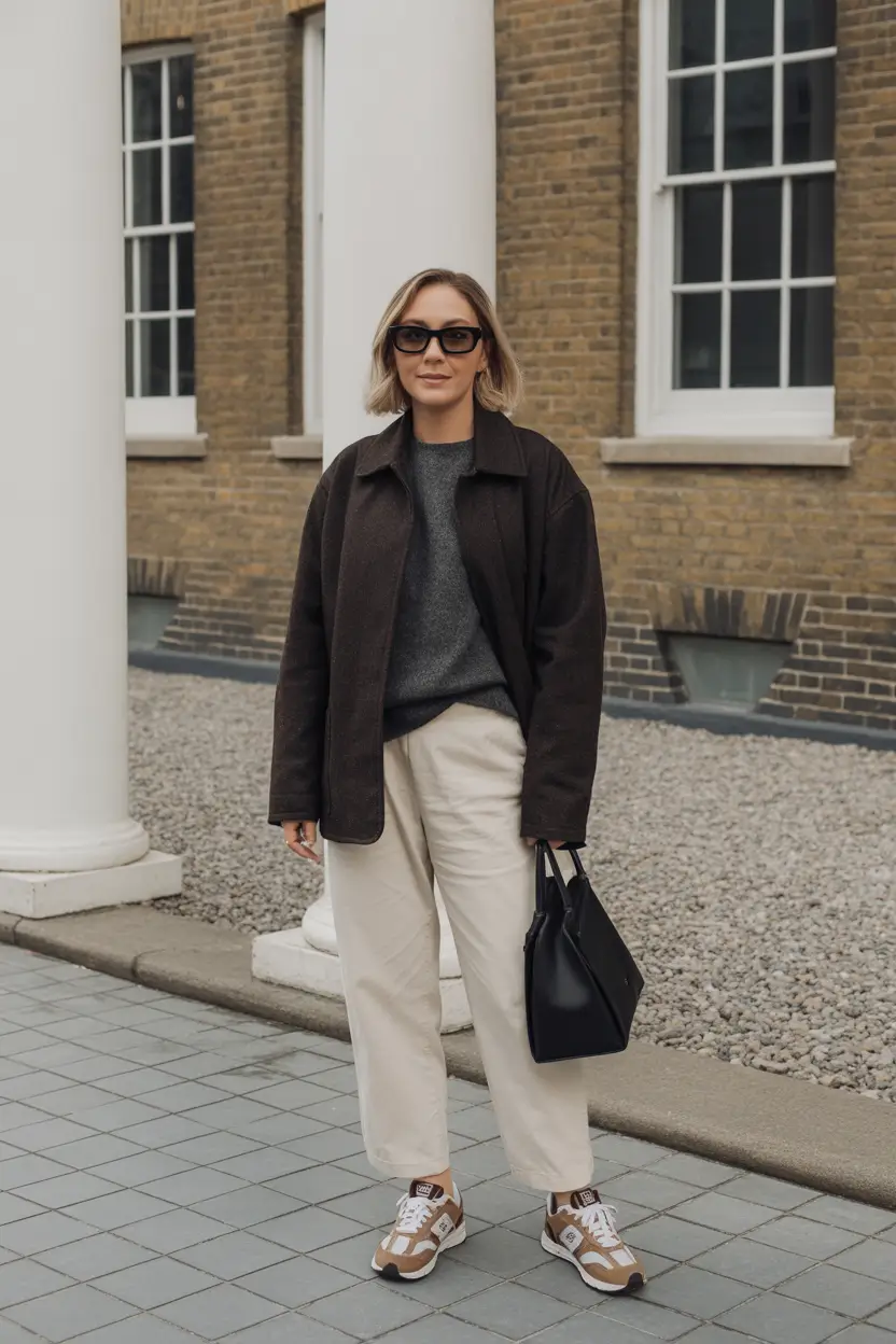 sneakers spring outfits Warm Neutrals with Earthy Brown Sneakers for Soft Spring Minimalism