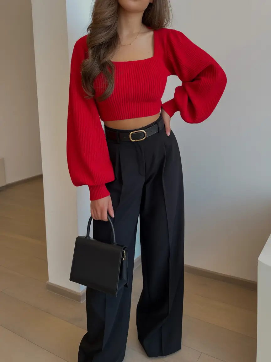 gorgeous spring date night outfit 2026 Bold Red Contrast with Tailored Black Trousers