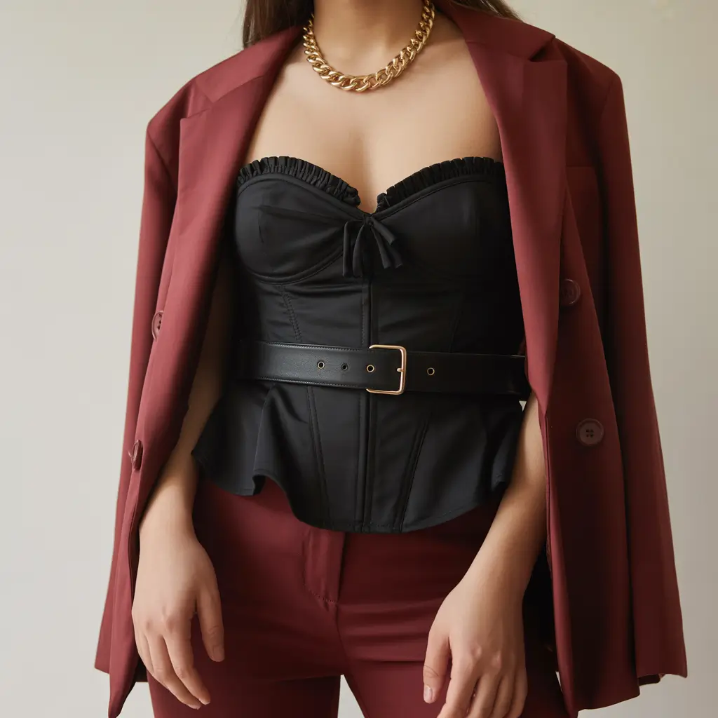 gorgeous spring date night outfit 2026 Burgundy Structure with Black Corsetry for Chic Evenings
