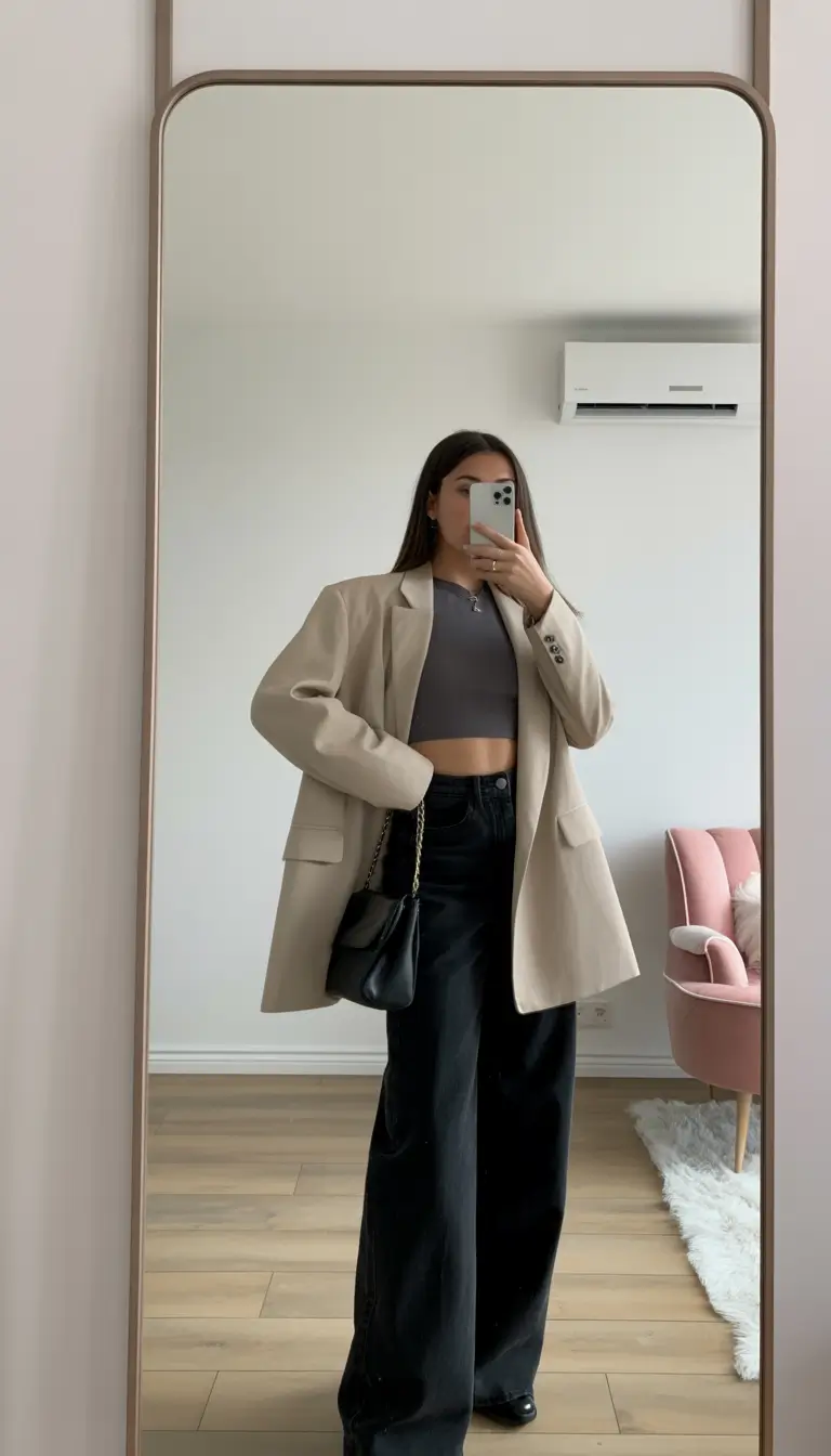 gorgeous spring date night outfit 2026 Oversized Neutrals and Dark Denim for a Cool Spring Night