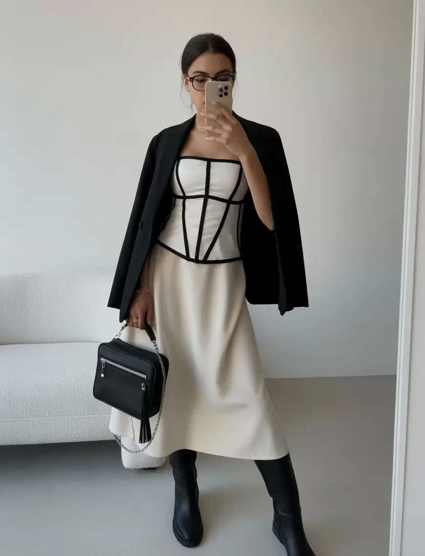 gorgeous spring date night outfit 2026 Monochrome Elegance with Structured Corsetry