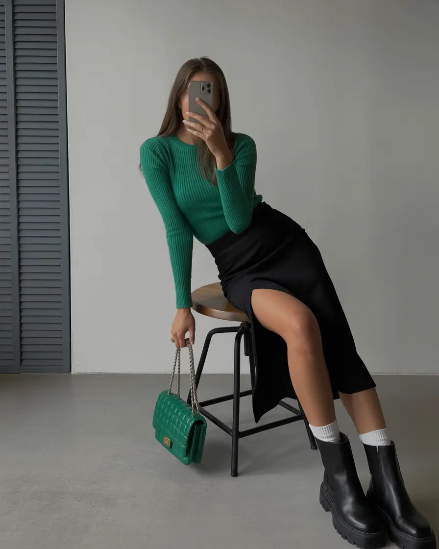 gorgeous spring date night outfit 2026 Emerald Knits and Sleek Black for a Refined Spring Evening