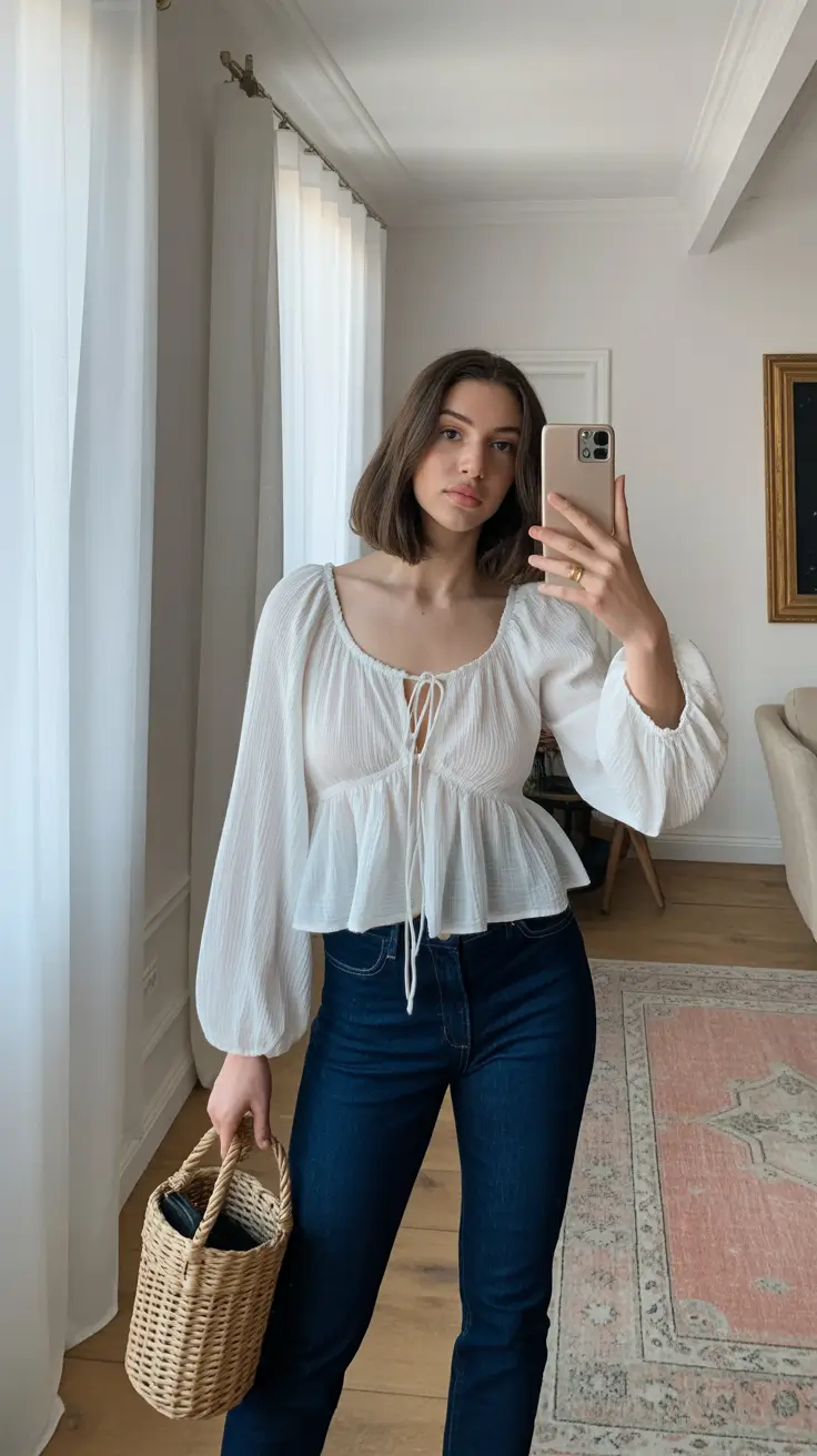 gorgeous spring date night outfit 2026 Soft Romance with Dark Denim for Spring Afternoons