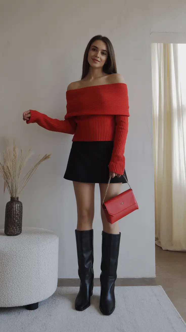 gorgeous spring date night outfit 2026 Bright Off Shoulder Knit for a Cute Spring Date