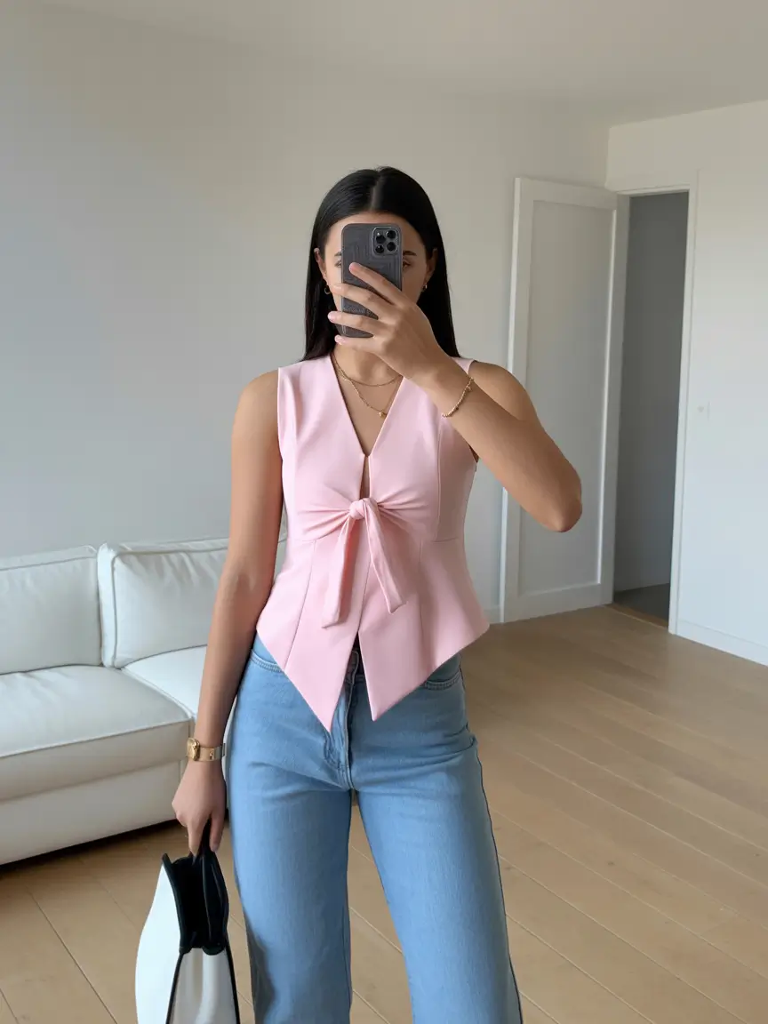 gorgeous spring date night outfit 2026 Soft Pink Elegance with Clean Denim Lines