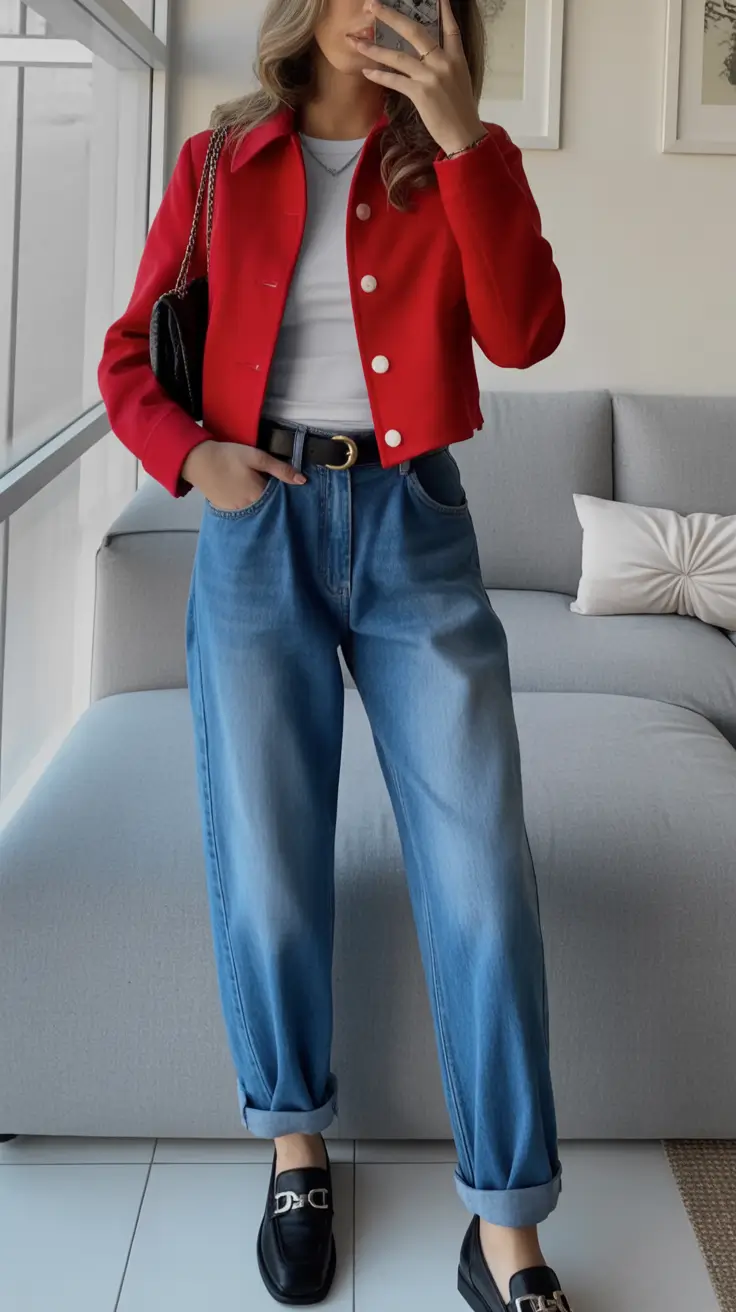 gorgeous spring jeans outfit 2026 Bold Color Pop With Classic Denim