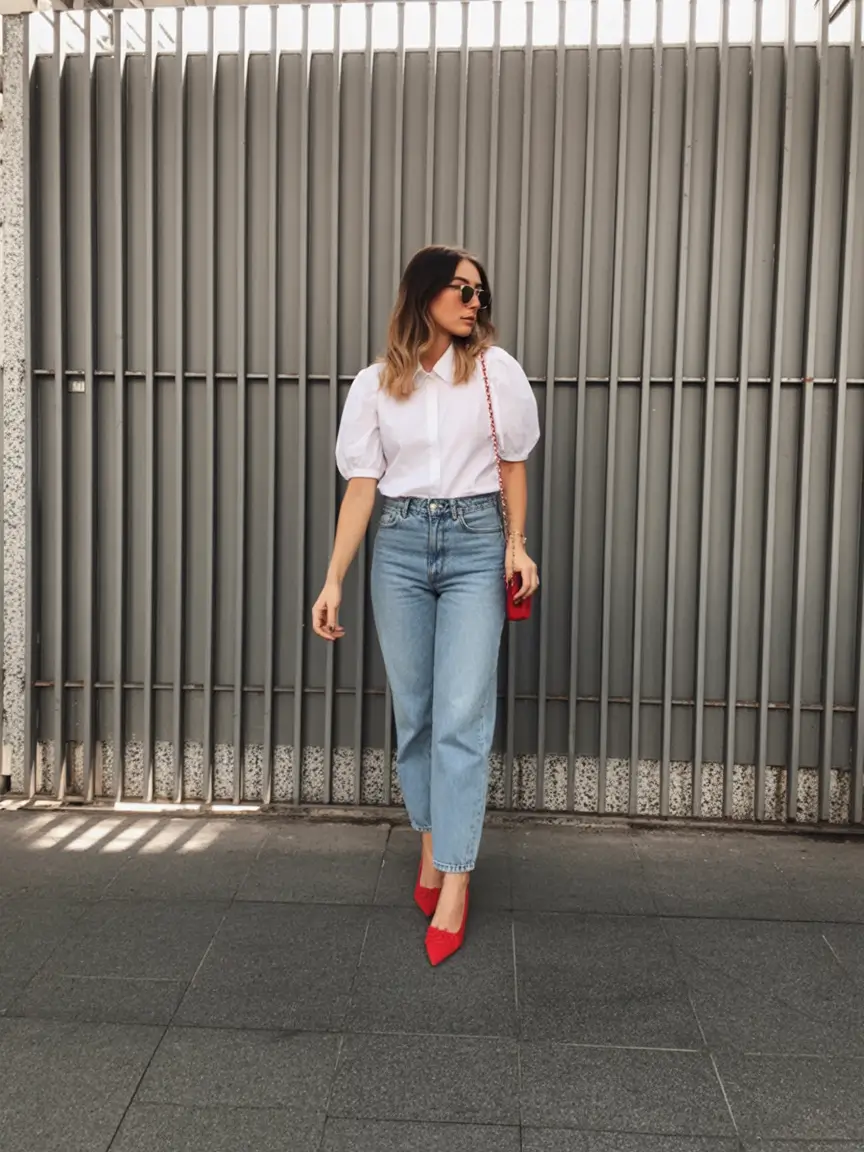 gorgeous spring jeans outfit 2026 Classic White Top with a Bold Red Accent