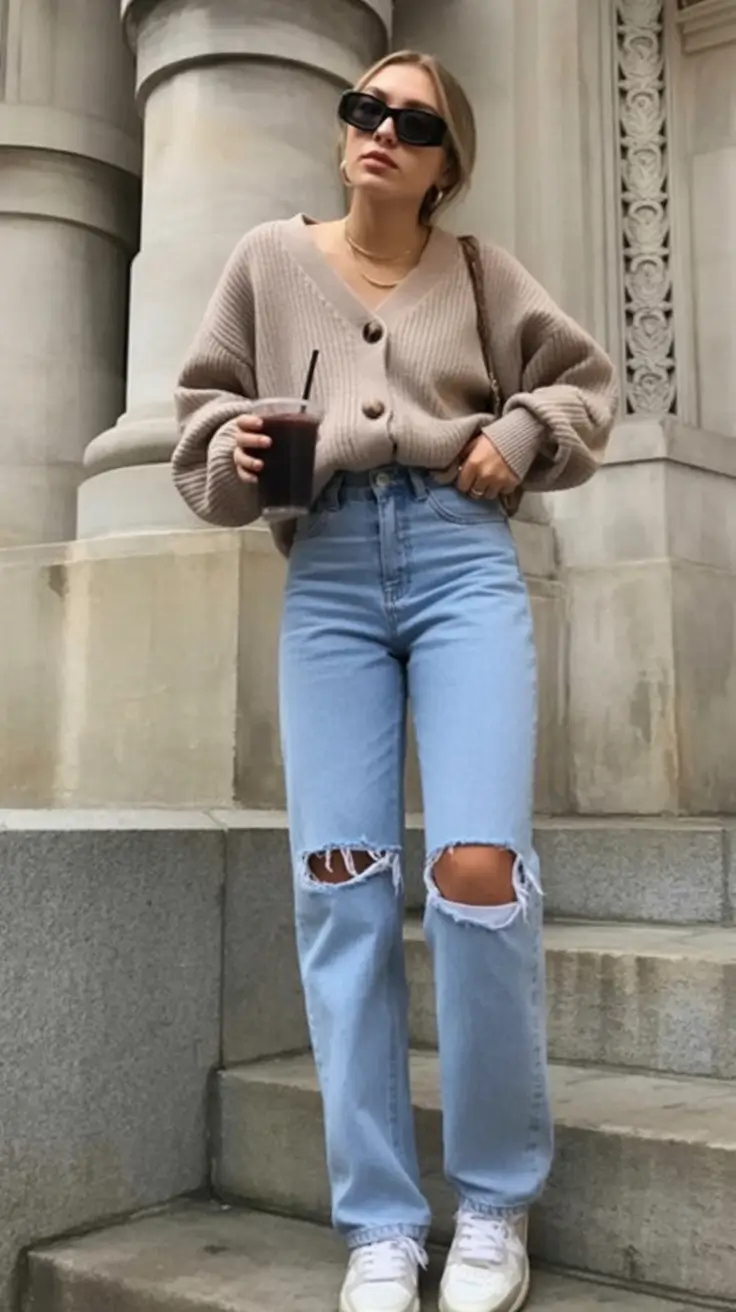 gorgeous spring jeans outfit 2026 Soft Neutrals with Relaxed Ripped Denim