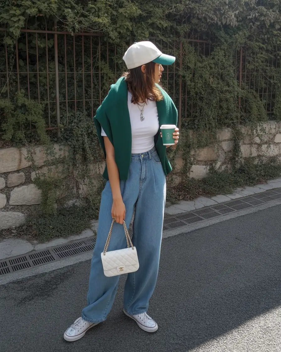 gorgeous spring jeans outfit 2026 Sporty Green Layering with Easy Weekend Denim