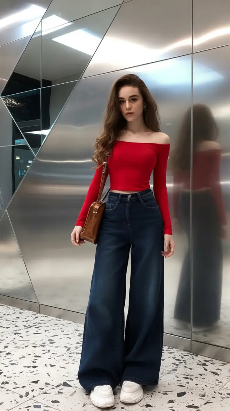gorgeous spring jeans outfit 2026 Statement Red with Dark Denim Drama