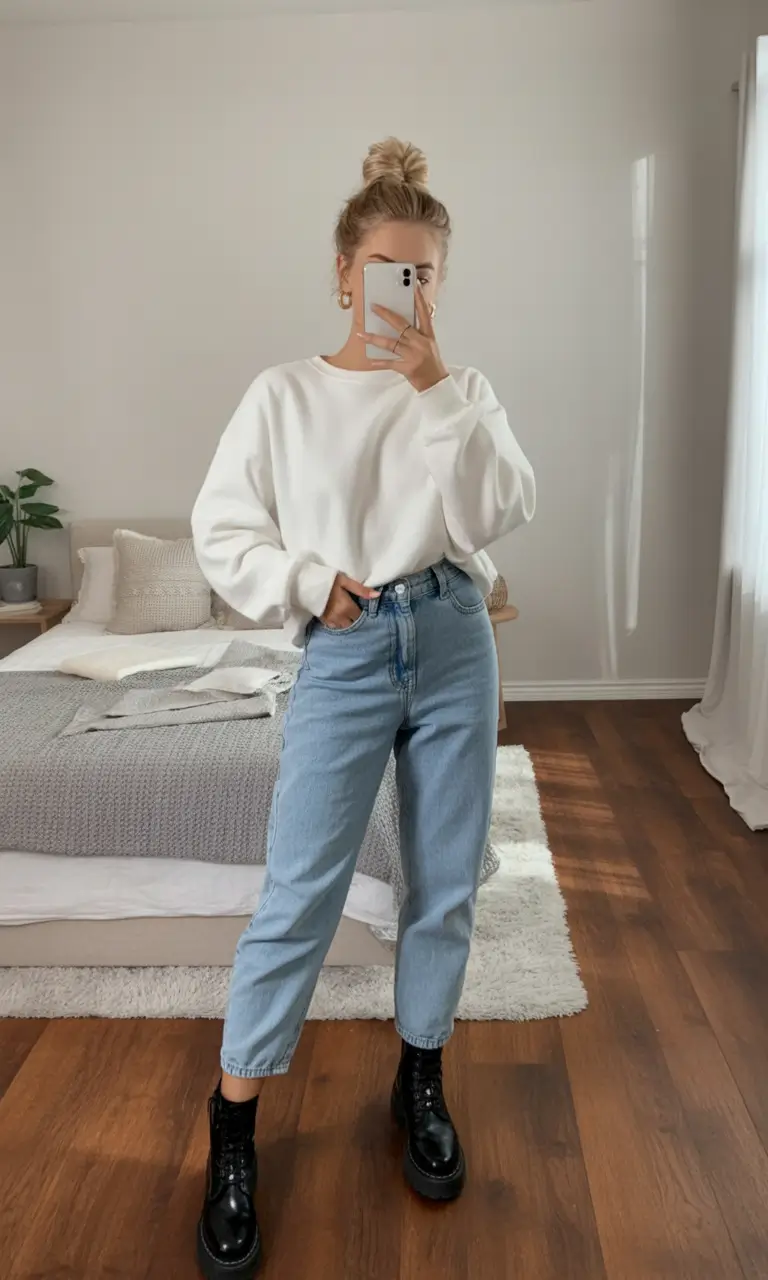 gorgeous spring jeans outfit 2026 Clean White Knit with Rugged Boots and Light Denim