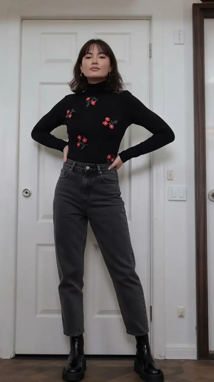 gorgeous spring jeans outfit 2026 Dark Florals and Charcoal Denim with a Chic Spring Edge