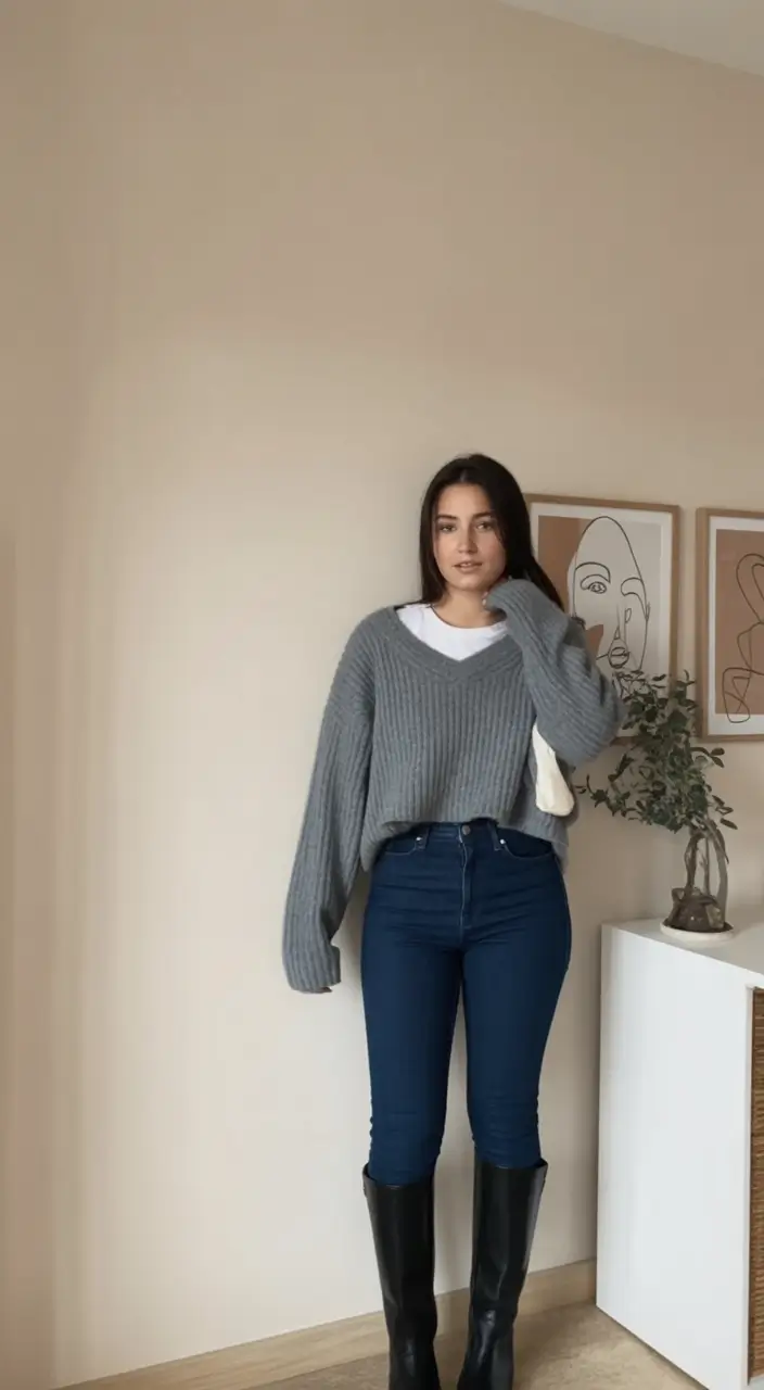 gorgeous spring jeans outfit 2026 Cozy Layers With Dark Denim Ease