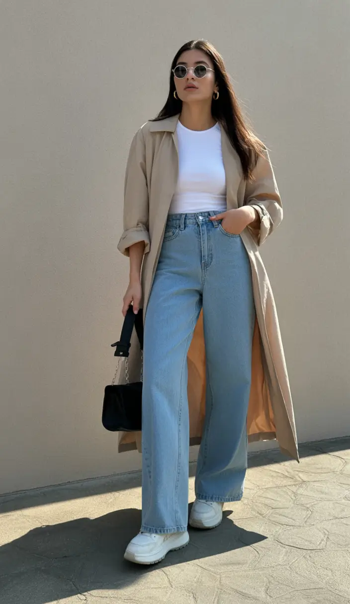 gorgeous spring jeans outfit 2026 Light Trench and Wide Leg Denim For Breezy Spring Days
