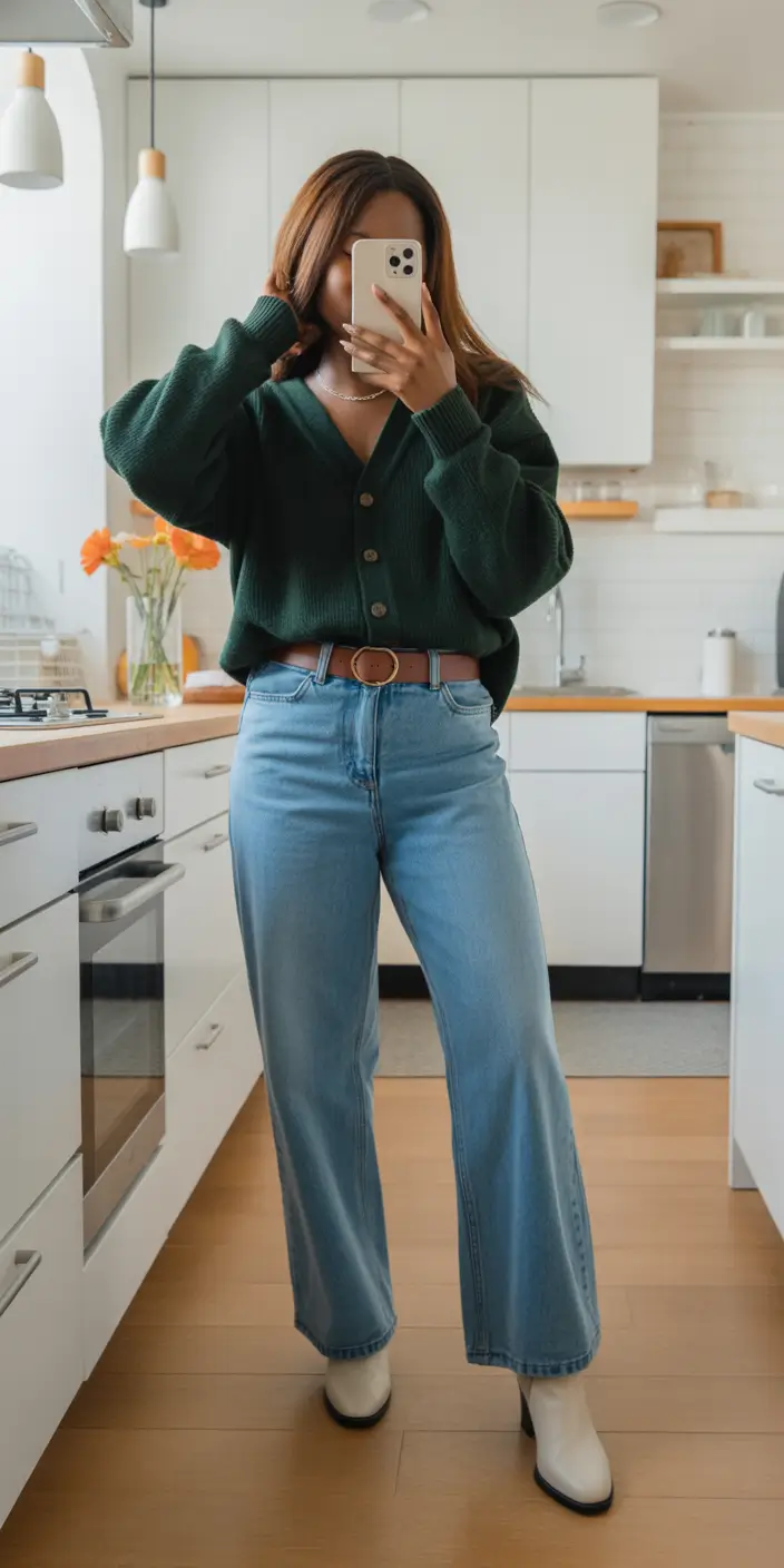 gorgeous spring outfits black women 2026 Deep Green Cardigan With Relaxed Denim And Soft Spring Structure