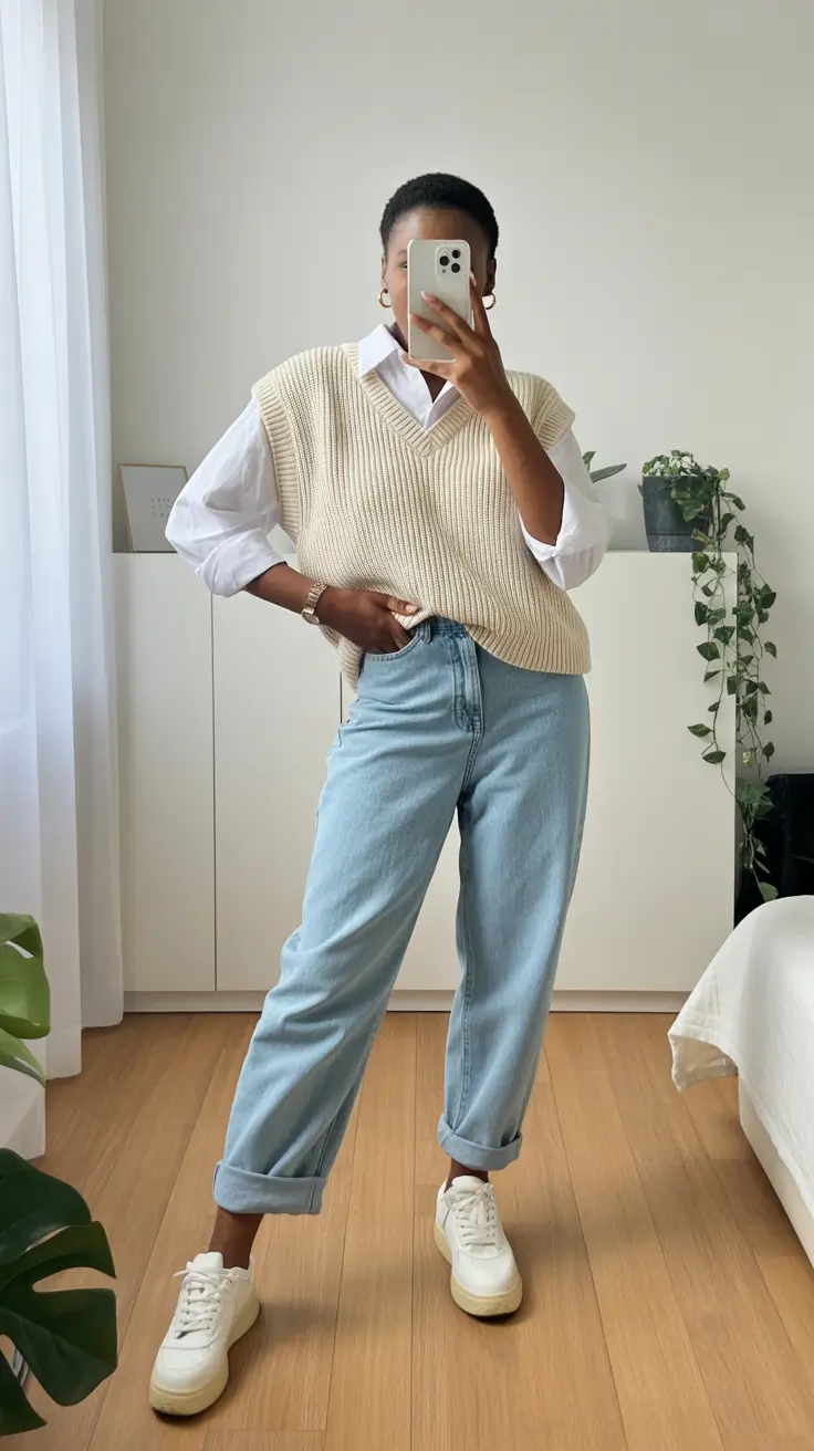 gorgeous spring outfits black women 2026 Creamy Knit Layers With Relaxed Spring Denim Ease