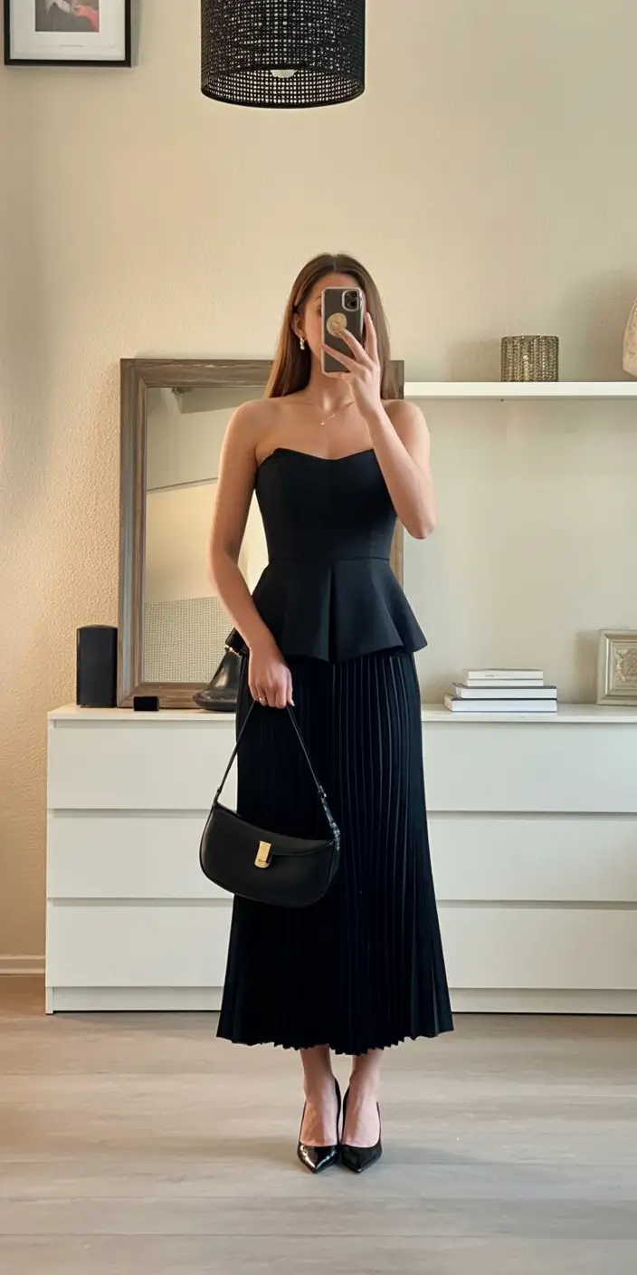 gorgeous spring wedding guest outfit 2026 Black Strapless Peplum with Pleated Skirt