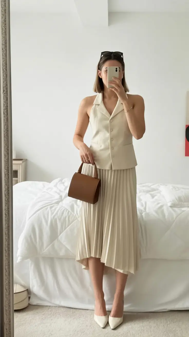 gorgeous spring wedding guest outfit 2026 Cream Tailored Vest with Pleated Midi Skirt