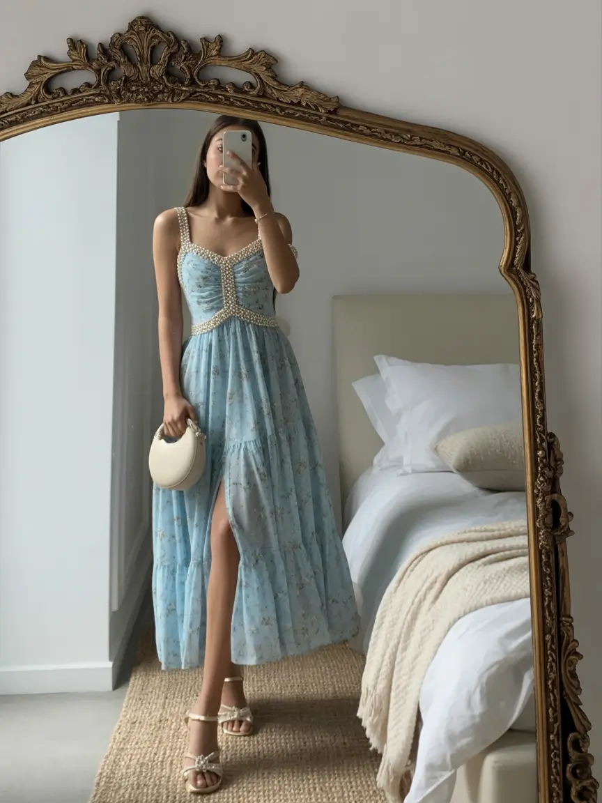 gorgeous spring wedding guest outfit 2026 Blue Beaded Floral Dress with Soft Slit