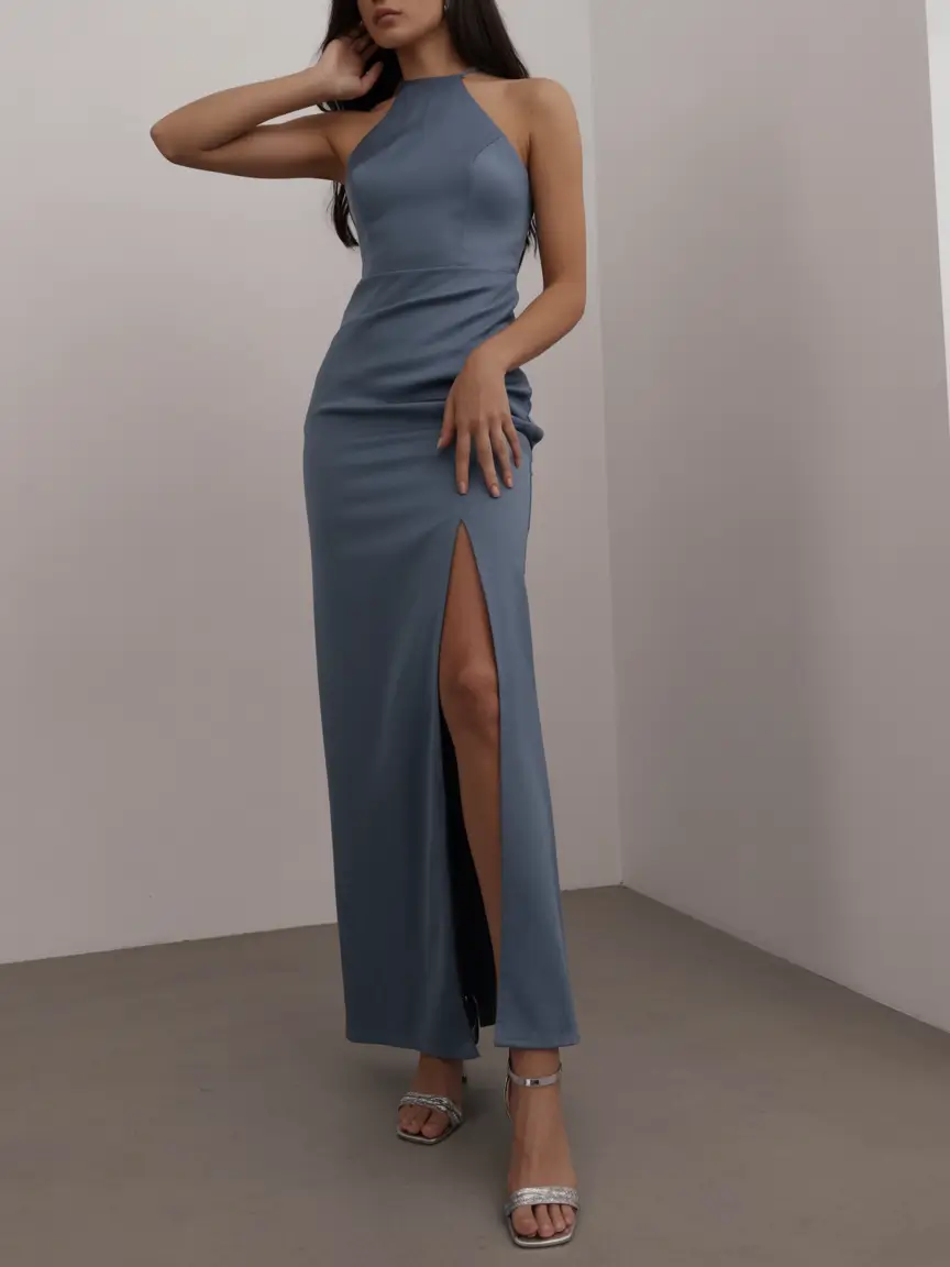 gorgeous spring wedding guest outfit 2026 Sleek Steel Blue Halter Gown