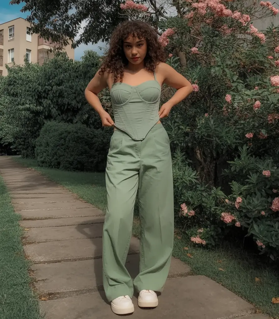 gorgeous spring wedding guest outfit 2026 Mint Corset with Wide Leg Pants