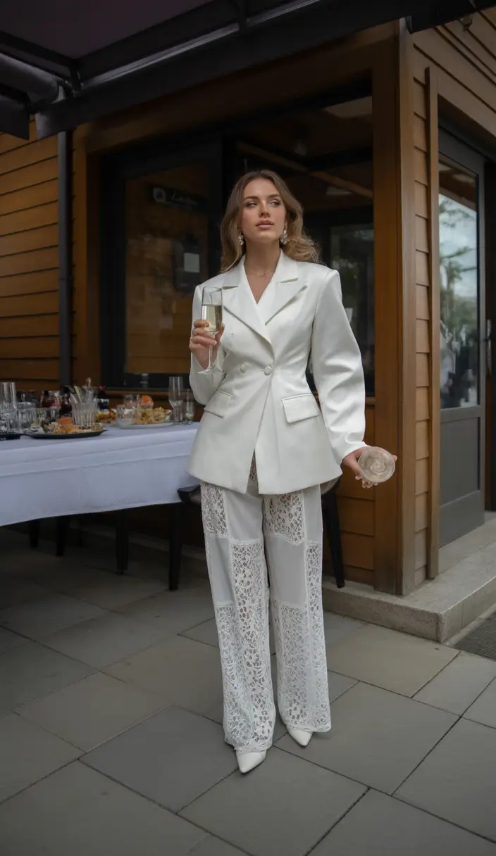 gorgeous spring wedding guest outfit 2026 White Satin Blazer with Lace Trousers