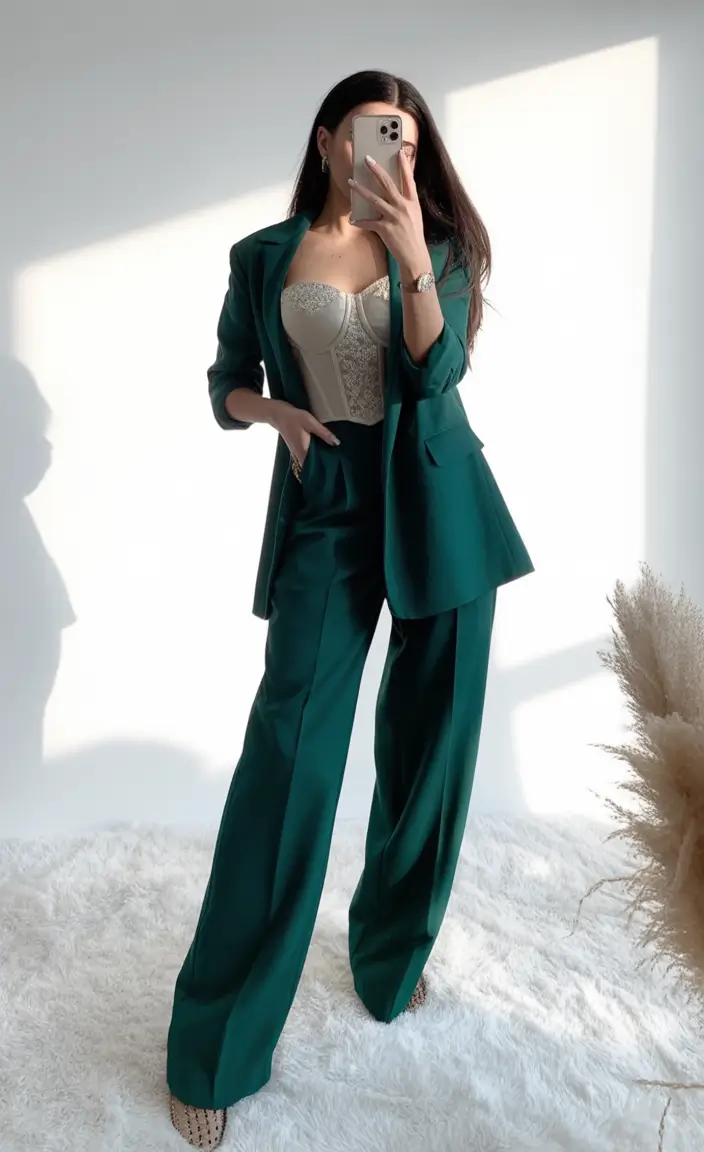 gorgeous spring wedding guest outfit 2026 Emerald Suit With Corset Detail