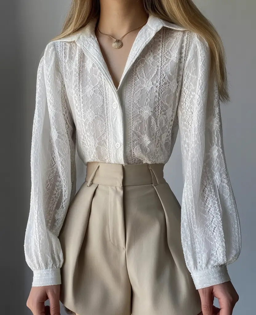 gorgeous spring wedding guest outfit 2026 Lace Blouse with Structured Shorts