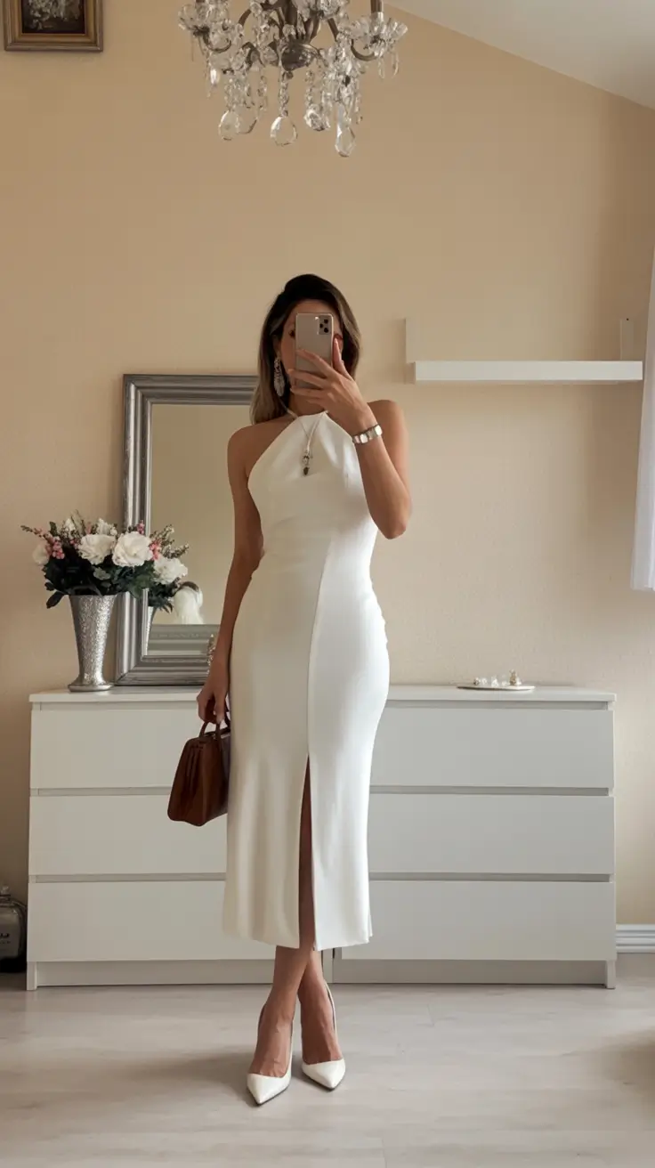 gorgeous spring wedding guest outfit 2026 White Halter Silhouette with Refined Minimalism