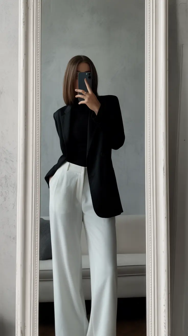 gorgeous spring wedding guest outfit 2026 Black and White Structured Suit with Polished Contrast