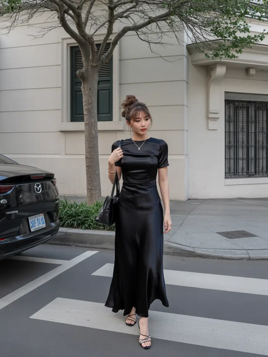 gorgeous spring wedding guest outfit 2026 Black Satin Minimalist Flow