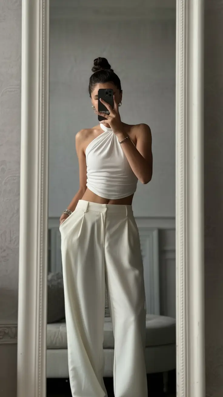 gorgeous spring wedding guest outfit 2026 White Draped Top with Relaxed Trousers
