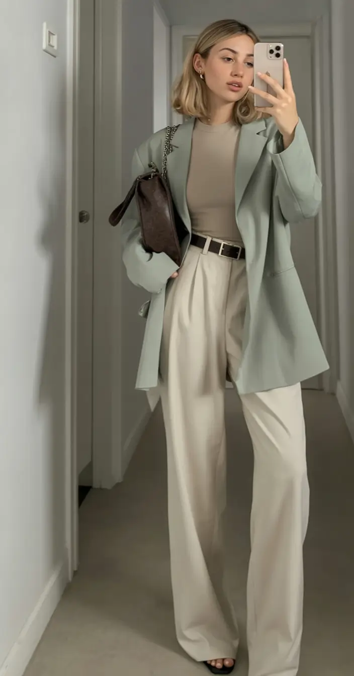 gorgeous spring wedding guest outfit 2026 Sage Blazer with Soft Neutrals