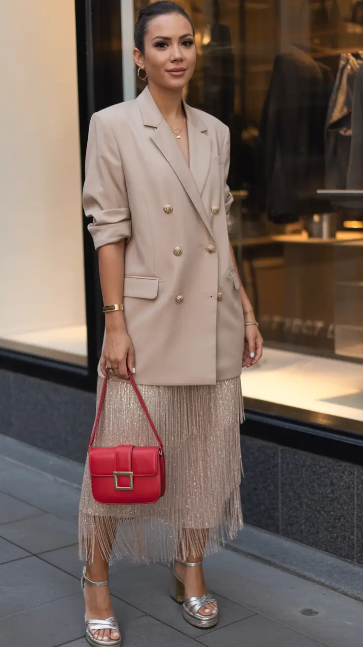 gorgeous spring wedding guest outfit 2026 Champagne Fringe and Oversized Blazer