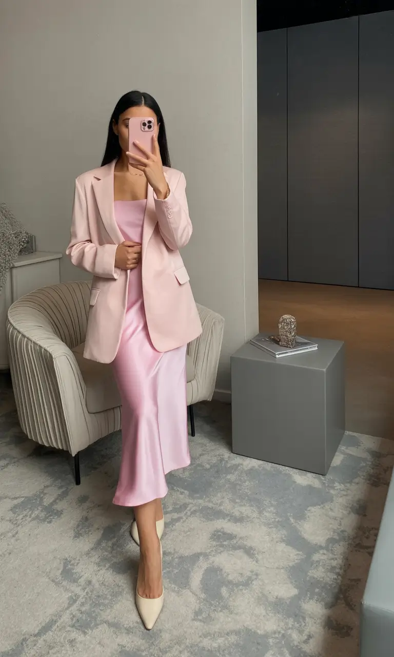 gorgeous spring wedding guest outfit 2026 Pastel Pink Satin with Tailored Blazer