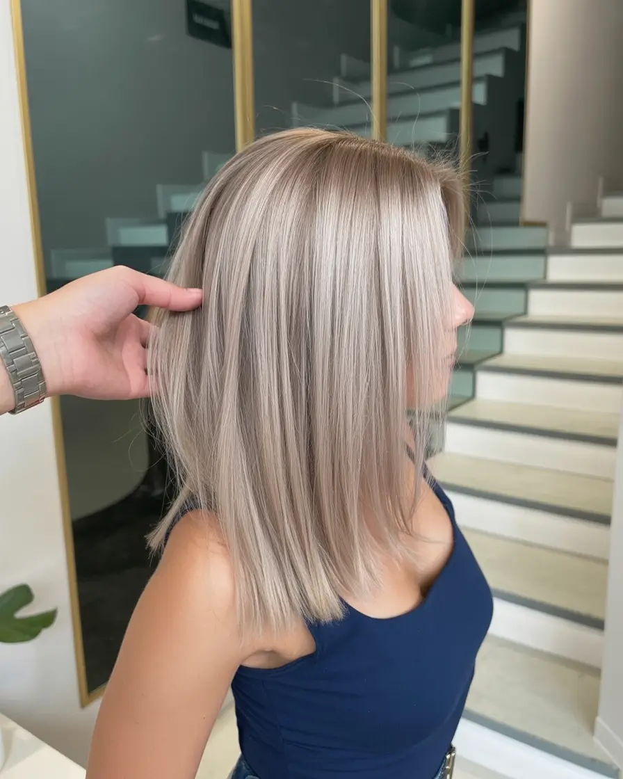 february hair color ideas 2026 Frosted Beige Blonde Straight Cut