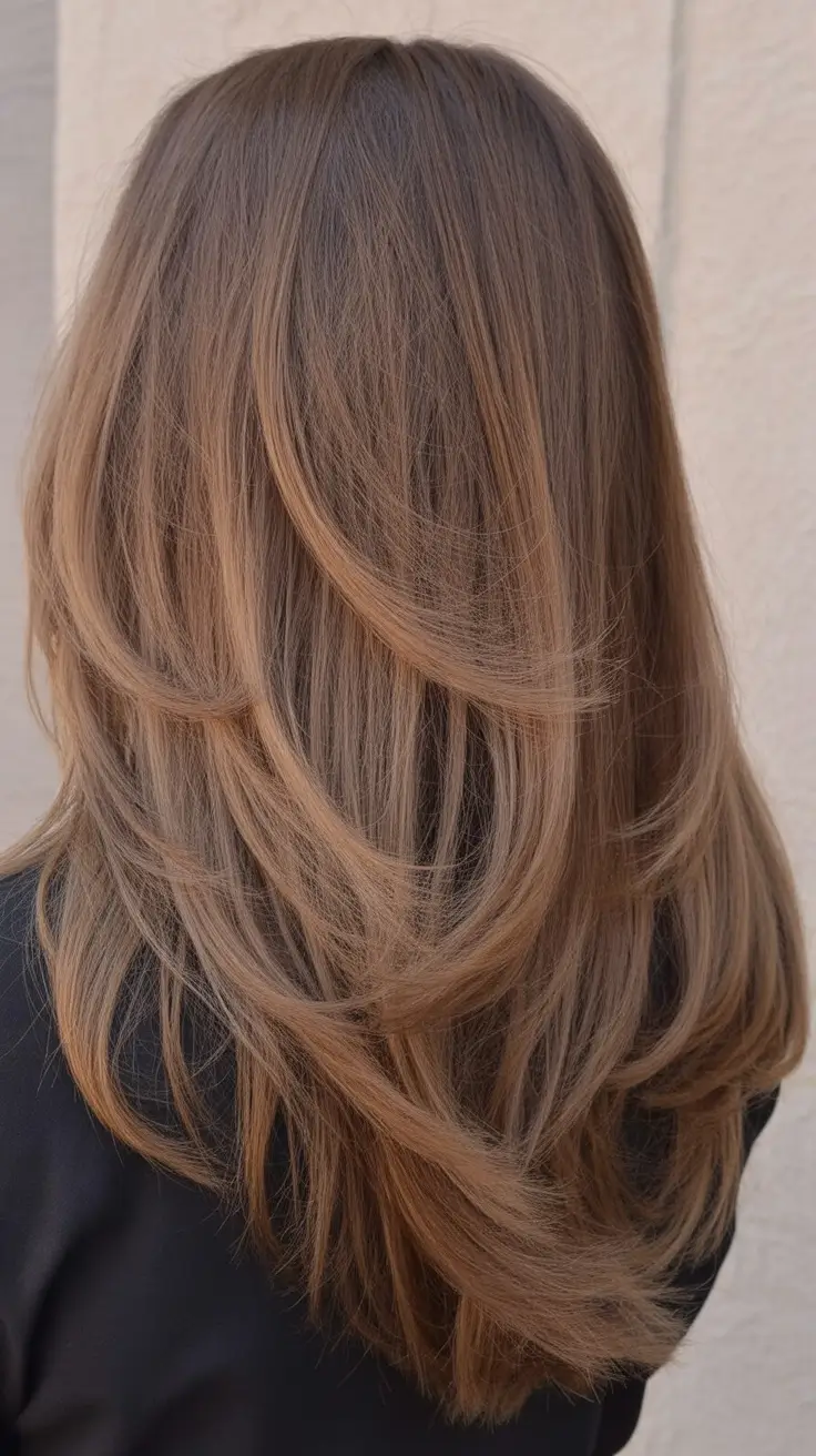 february hair color ideas 2026 Feathered Caramel Layers With Soft Movement