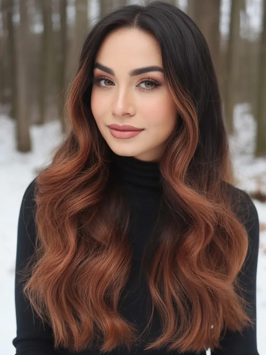 february hair color ideas 2026 Chestnut To Copper Melt For Winter Glow