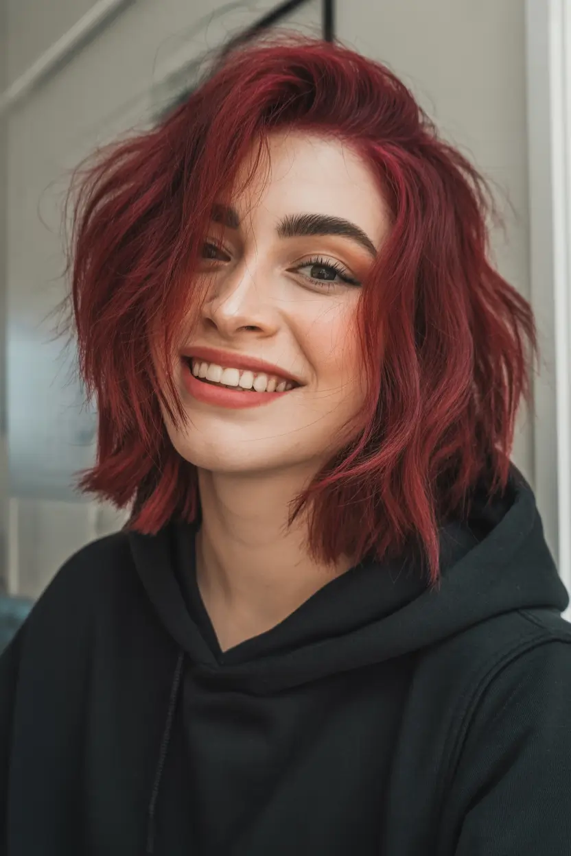 february hair color ideas 2026 Fiery Cherry Red Short Cut